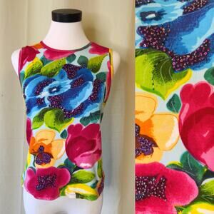 VTG Y2K Half Moon Bay Colorful Floral + Beaded Cotton Tank Top